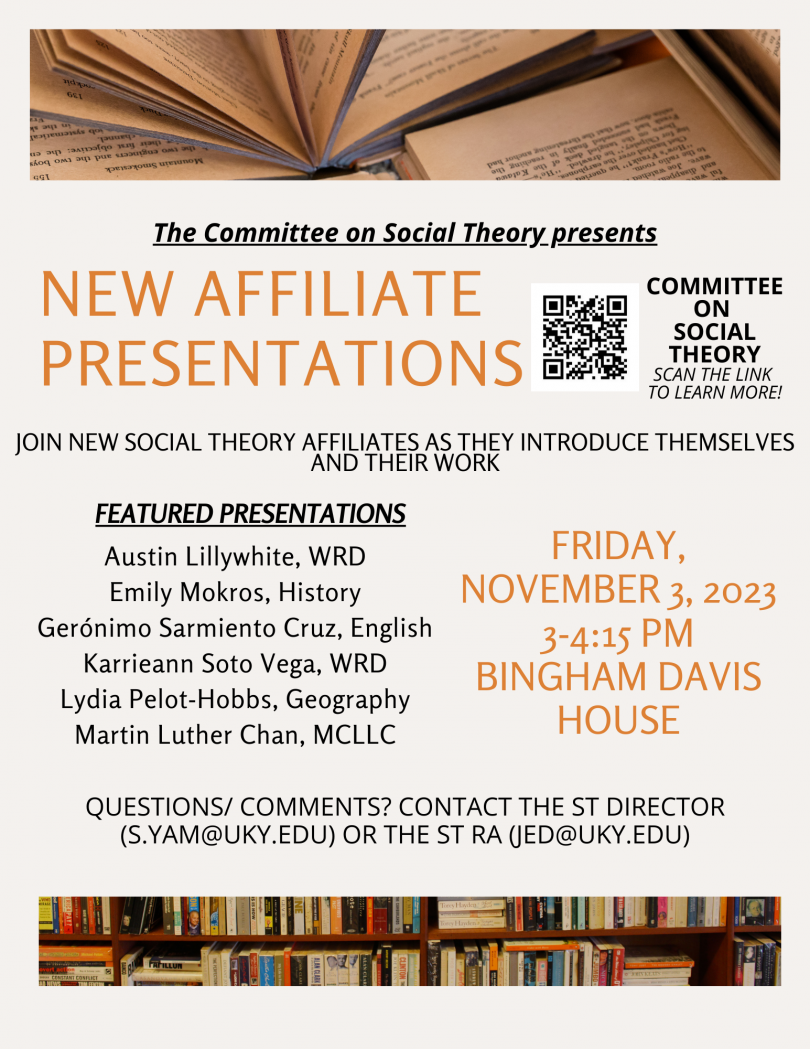 A flyer featuring details of the Social Theory New Affiliates Presentation